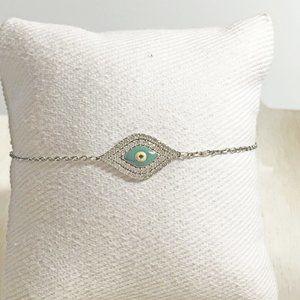 GENUINE STERLING SILVER 925 & CLEAR CZ LIGHT BLUE EVIL EYE PROTECTION BRACELET